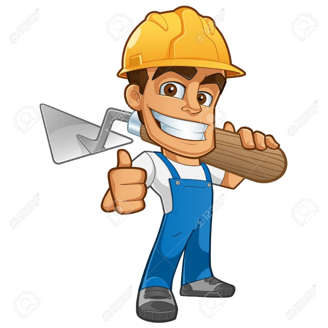 44058528 sympathetic bricklayer dressed in work clothes he wears a helmet and trowel